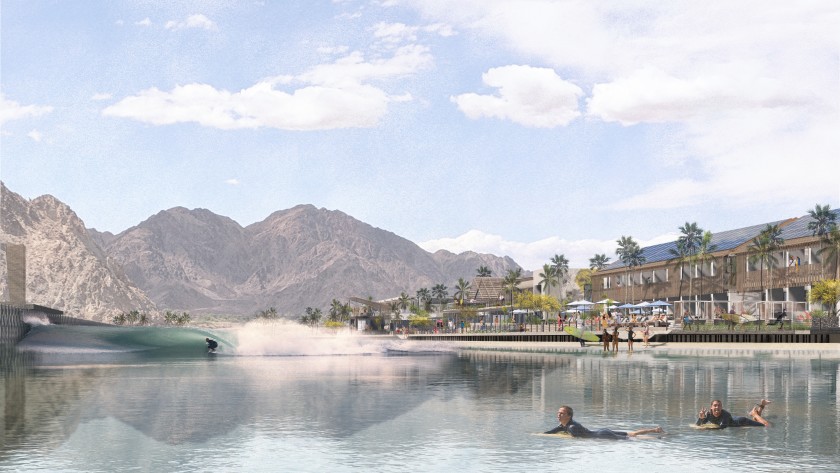 Resort luxuoso com investimento de US$ 200 milhões pode ganhar piscina de ondas de alto nível em Coachella Valley (EUA). Imagem: CCY Architects