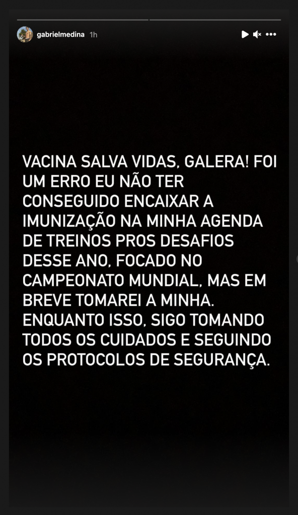 Gabriel Medina se posiciona a respeito da vacina nesta sexta-feira (06/08/2021) em suas redes sociais.
