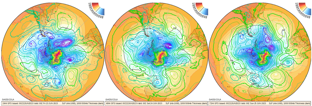 Mapas de pressão atmosférica em superfície, com foco no polo sul, mostram a passagem de dois ciclones pelo Drake entre sexta e domingo, os quais vão gerar condições para a etapa do WSL em Saquarema. O segundo, no domingo, será mais forte e vai gerar ondas de S que depois vão intensificar de SE na direção da costa brasileira.