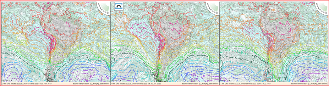 Mapas de temperatura, umidade relativa e ventos em 850 hPa para sexta, sábado e domingo mostram vento para sul, para sudeste e depois para leste no domingo. Tempo bom e ondas fracas, com leve influência da brisa marinha.