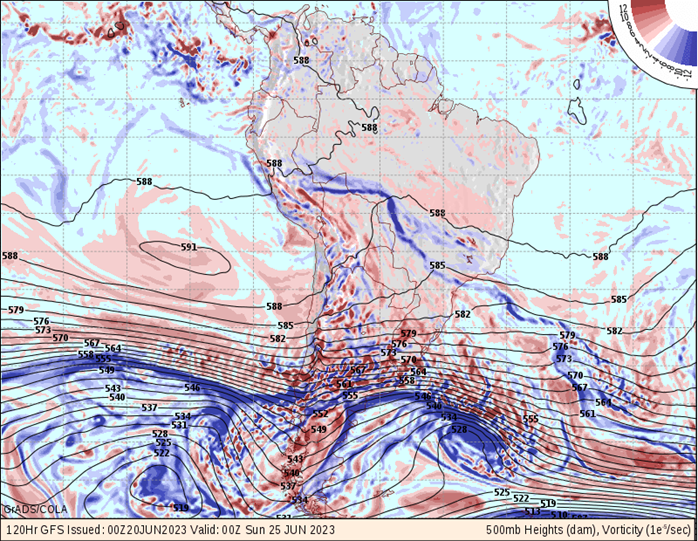 Campo de Vorticidade em 500 hPA do modelo GFS para domingo dia mostra a formação de um ciclone extratropical ao sul do Rio da Prata, que deve gerar uma nova e forte ondulação para a próxima semana.