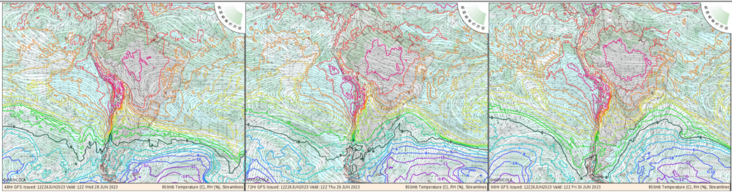 Mapas de temperatura e umidade relativa e ventos em 850 hPa para quarta, quinta e sexta, mostram a roda do vento de sul para sudeste acompanhando a geração das ondas de S-SE com a chegada de um cavado mais forte na região do Rio da Prata e Sul do Brasil. Sexta e sábado as condições devem ser melhores, embora a brisa marinha esteja presente (Fonte: CODA).