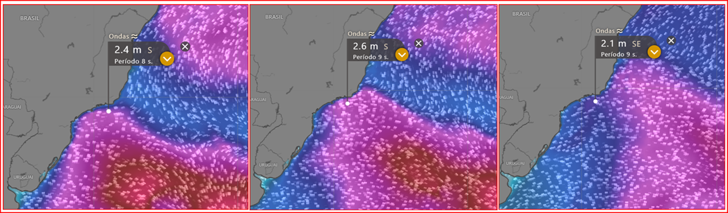 Previsão para quinta (noite), sexta e sábado mostra a chegada da ondulação de sul com período de 9-10 segundos e 1,5-2 metros, que vais rodar para SE e diminuir, bem rápida. Uma ondulação e com período curto que mostra que a energia principal da zona de geração foi direcionada para a costa da África.