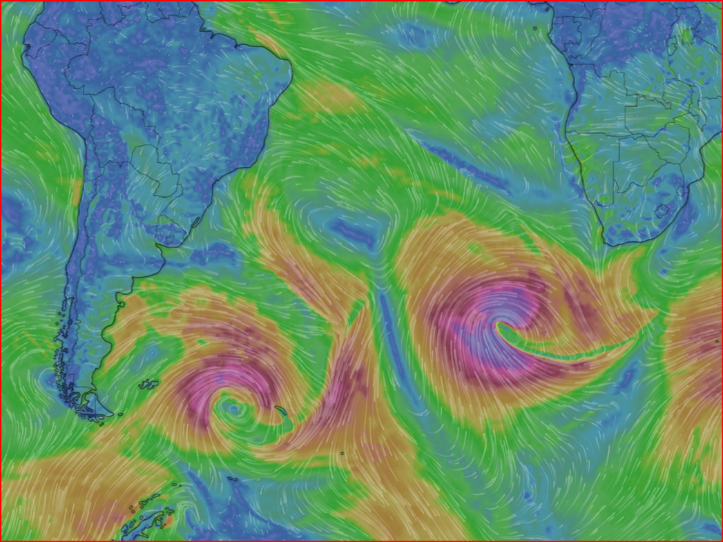 Ciclones rodam entre as Ilhas Malvinas e as Ilhas Sanduiche do Sul.