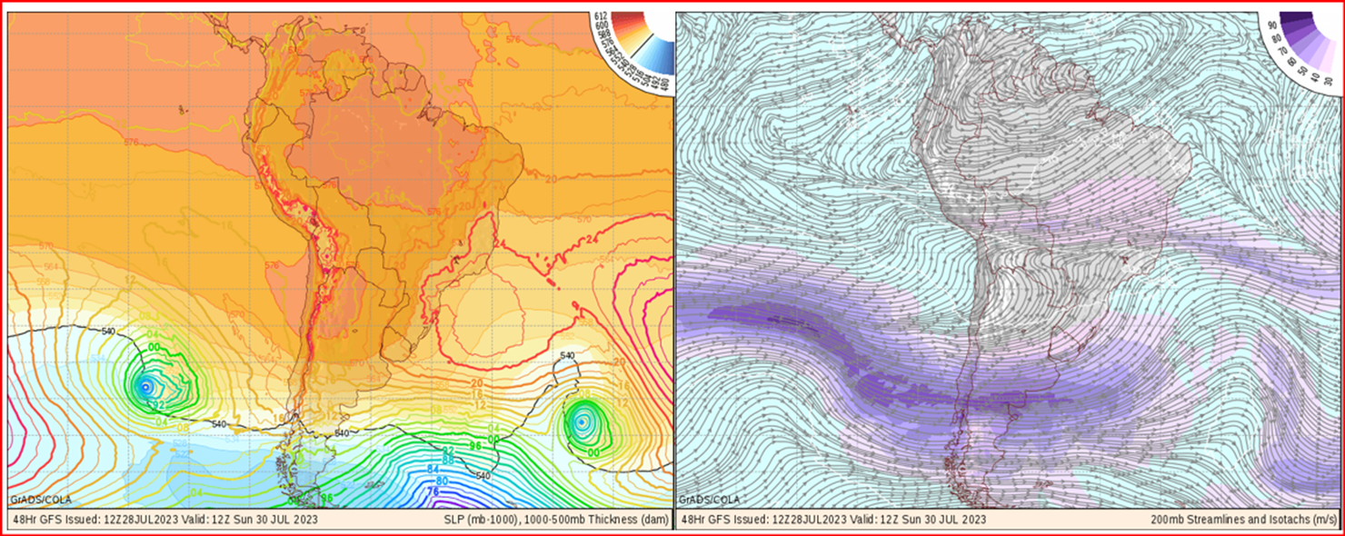 Previsão de ciclone do GFS mostra a baixa pressão mais ao sul na carta de pressão atmosférica ao nível do mar; a segunda carta mostra a corrente jato em 200 hPa. A as linhas de vento no sentido meridional de Sul para Norte (Fonte: www.wxmaps.org)