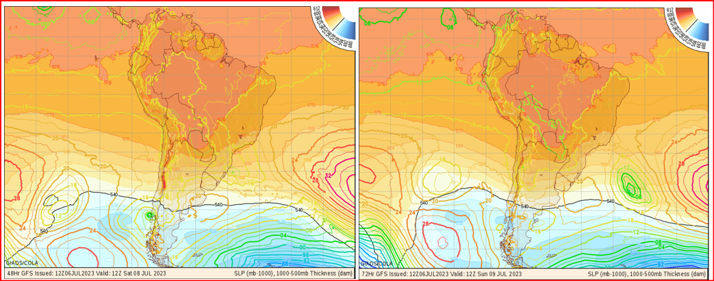 Mapas de pressão atmosférica em superfície para sexta, sábado e domingo mostram um ciclone se formando na região Sul, talvez um pouco mais para Sudeste como na semana passada. Também teremos ondas vindas das Malvinas (Fonte CODA).