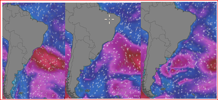 As ondas sobem e descem durante o fim de semana. Gráficos (ww.w.windy.com) mostram que a ondulação do ciclone vai gerar ondas no litoral na sexta, sábado e domingo.