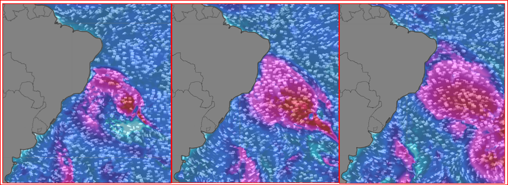 Modelo da pista de ondas gerada na região Sudeste, altura do Litoral Norte do Rio de Janeiro, mostra a propagação das ondas na direção ao litoral Nordeste do Brasil. Quarta as ondas devem alcançar 2 metros, podendo chegar a 2,5 na série. Praias que recebem melhor a condição de S com influência de SE são indicadas para o surfe, e na quinta o vento será mais fraco.