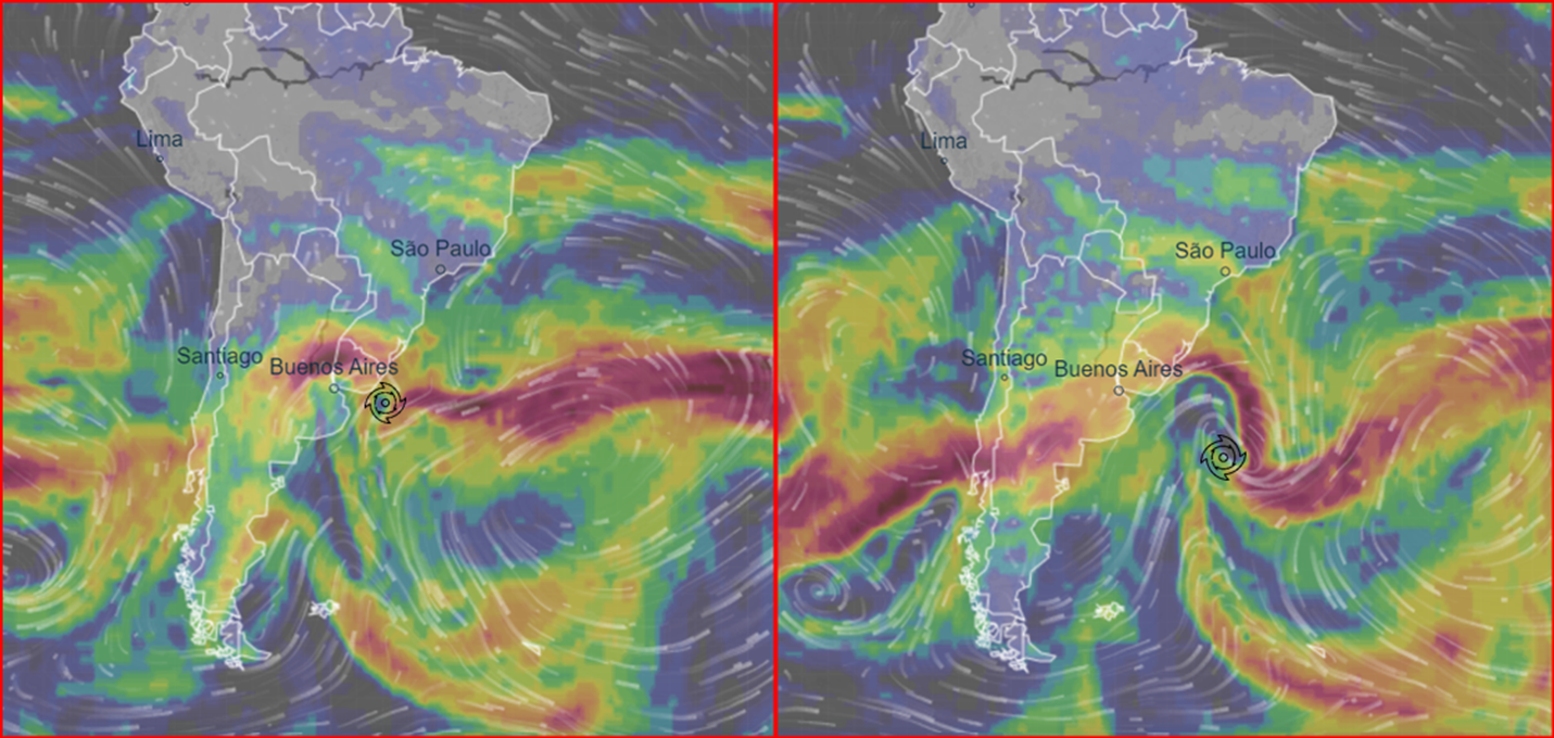 Ciclone extratropical se forma nesta quarta-feira na região do Rio da Prata, próximo a Punta de Leste no Uruguai. Na quinta-feira o modelo ICON já mostra o ciclone se afastado da quando se forma a pista de geração de ondas de Sul e a ressaca na costa do Uruguai até o Rio Grande do Sul. A cor vermelha marca a frente fria e a frente quente onde está a tempestade. Importante notar quebra da onda de Rossby de quarta (12h) para quinta (3h da madrugada). (www.ventusky.com)
