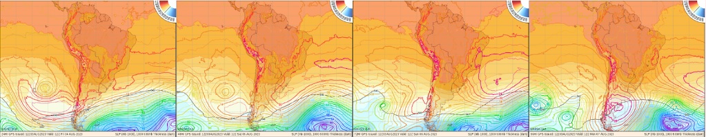 Cartas de pressão com ao nível do mar com base na previsão do GFS mostram uma forte circulação atmosférica regida pela deriva do vento oeste. Baixas pressões bem ao sul, na região entre Ilhas Sanduiche e Georgia do Sul, mas com uma componente meridional gerando ondas na direção da costa brasileira. Mesmo com as tempestades estejam afastadas da costa, teremos ondas de 2 metros de altura com séries maiores desta sexta-feira, provavelmente, até quinta (Fonte: www.wxmaps.org).