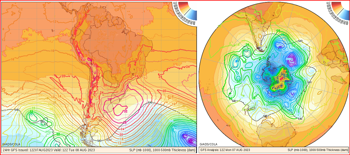Cartas de pressão atmosférica ao nível do mar em 1000 hPa, para terça-feira, dia 08/08/2023, com base na previsão do GFS. Zona de geração nas Malvinas vai garantir ondulação de sudoeste-sul na terça, quarta e quinta de sul, sexta e sábado de sudeste (Fonte: www.wxmaps.org).