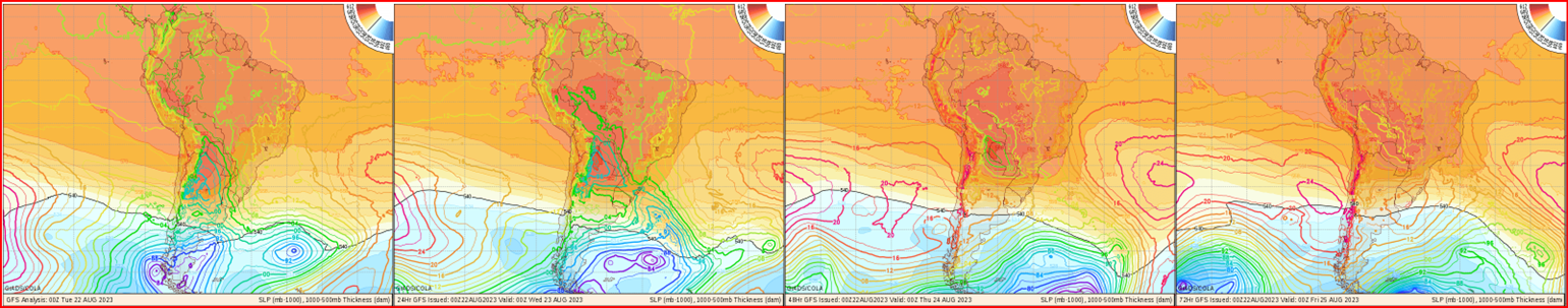 Cartas de pressão atmosférica ao nível do mar para terça, quarta, quinta e sexta, mostram ciclones passando na região das Ilhas Malvinas.