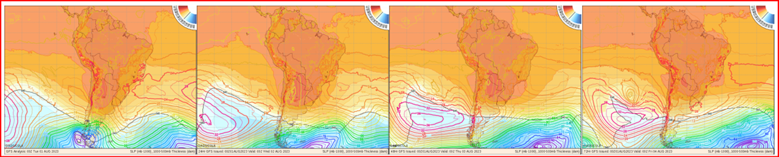 Mapas de pressão atmosférica ao nível do mar com base na previsão do GFS, mostram a baixa pressão bem ao sul, na região entre Ilhas Malvinas e Sanduiche e Georgia do Sul. A formação da pista de vento e geração de ondas na quinta e sexta ainda com direção de oeste/sudoeste para leste/nordeste (essa direção muda no sábado). Na região Nordeste, a influência dos ventos alísios de sudeste ainda promove ondas boas até quinta-feira. No Norte, a tendência que os alísios de SE impeçam a chegada das ondas geradas na região de Cabo Verde e Ilha da Madeira (Fonte: www.wxmaps.org).