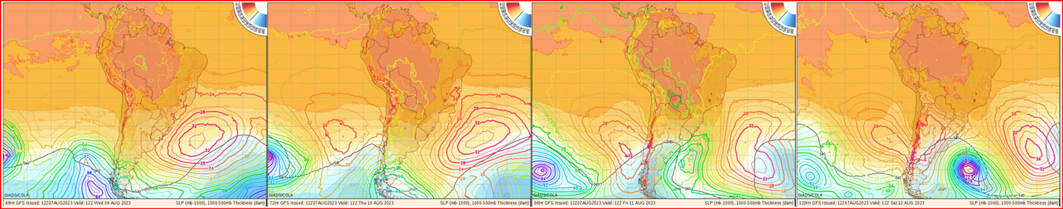 Cartas de pressão atmosférica ao nível do mar com base na previsão do GFS. Baixa pressão bem ao sul que está indo embora nas Ilhas Sanduiche e Georgia do Sul nesta quarta-feira, gera ondas boas de 1,5-2 metros na quinta, sexta e sábado.