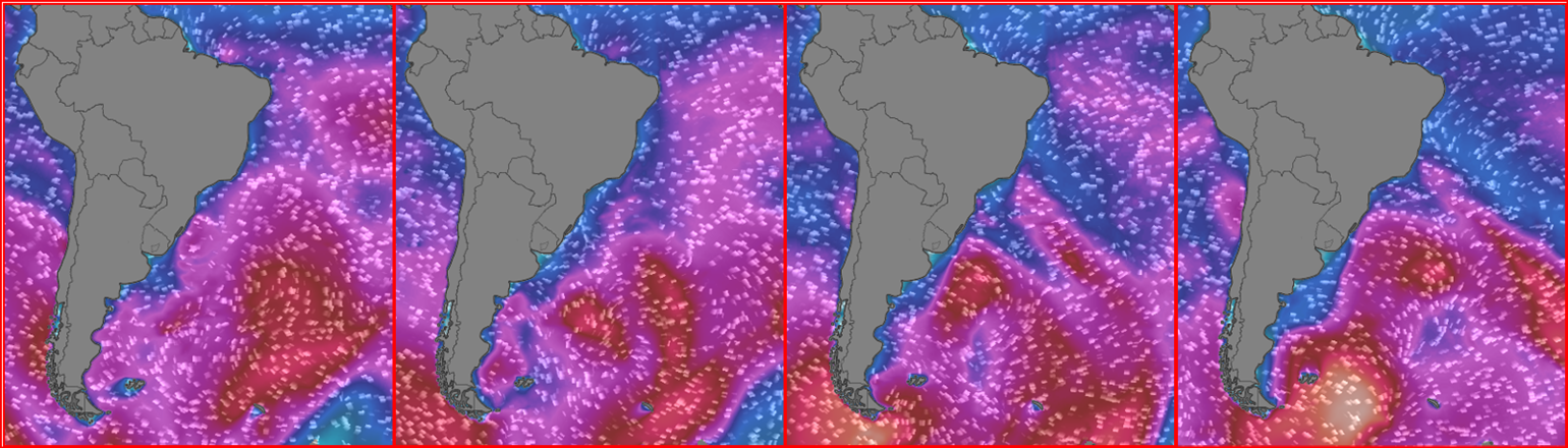 Imagens de terça e quarta mostram a ondulação de sudoeste passando e apontando na direção da África. 