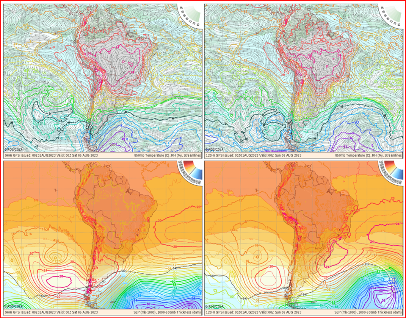 A baixa pressão bem ao sul apresenta uma mudança na direção com formação da pista de vento e geração de ondas de Sul/sudoeste parra norte/Nordeste no sábado, com possível formação de um ciclone junto a costa do Uruguai e Rio Grande do Sul. Domingo a alta polar já se apresenta, o que indica que a pista de vento terá curta duração no sentido favorável a geração de ondas para a costa brasileira.