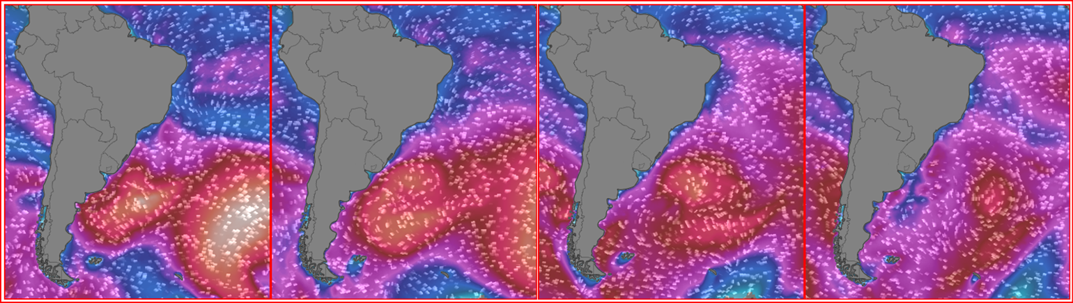 Imagens de sábado a terça-feira mostram a ondulação de sul-sudoeste se forma neste sábado e domingo junto a costa da Argentina.