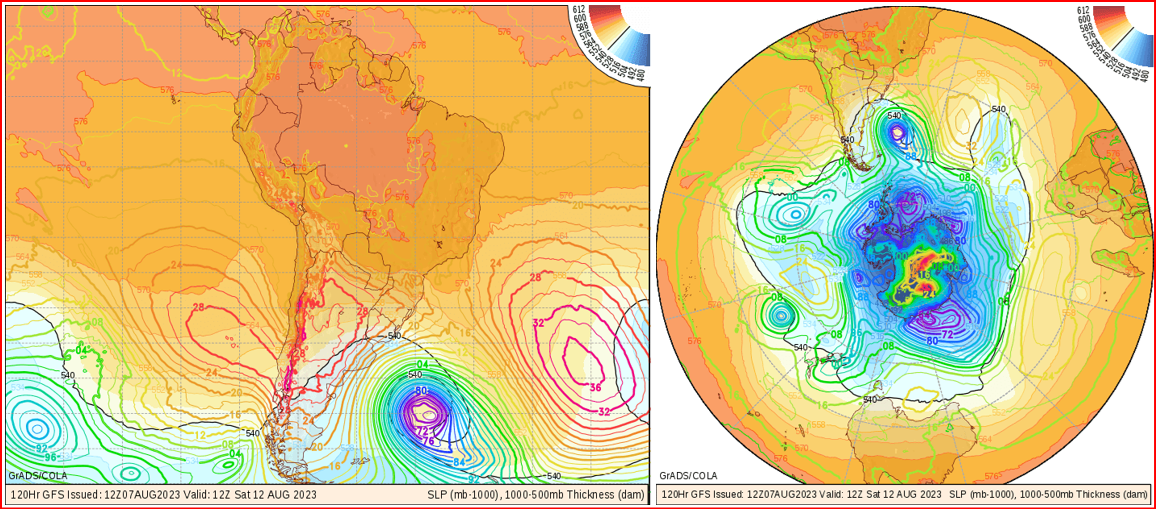 Cartas de pressão atmosférica ao nível do mar em 1000 hPa, para sábado dia 12/08/2023, com base na previsão do GFS. A baixa pressão ao sul do Rio da Prata se forma de sexta-para sábado, e a ondulação só deve chegar na segunda e terça-feira da próxima semana (Fonte: www.wxmaps.org).