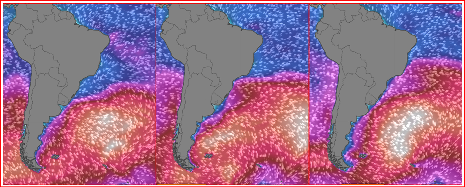 A previsão de ondas indica subida de sudoeste/sul na região sul na quinta feria, na sexta-feira na região sudeste, e no sábado no Espírito Santo e na porção sul da região Nordeste (www.windy.com). Na região Norte, não é apresentada a chegada de ondas do Hemisfério Norte, mas torcemos que a partir de quinta-feira essas ondas apareçam.