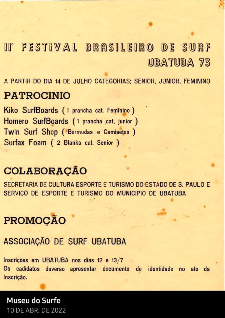 Cartaz do campeonato em Ubatuba, com patrocínio da Kiko Surfboards.