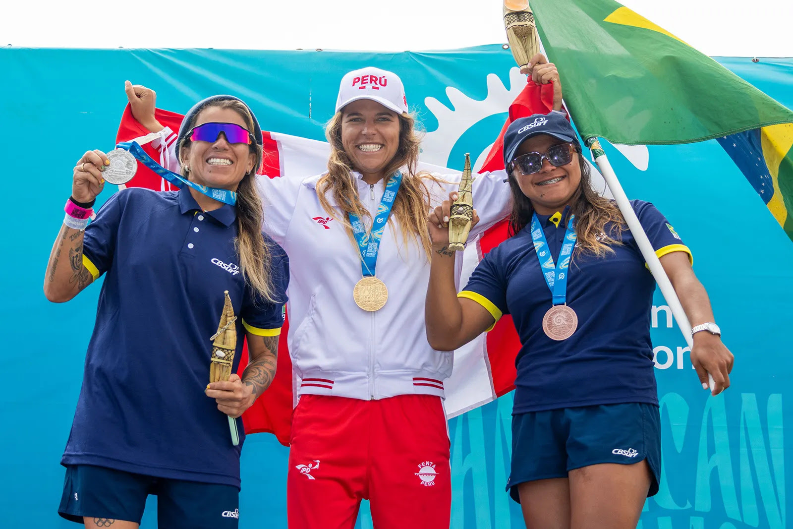 Pódio do Shortboard Feminino: Melanie Giunta, do Peru, conquistou o ouro