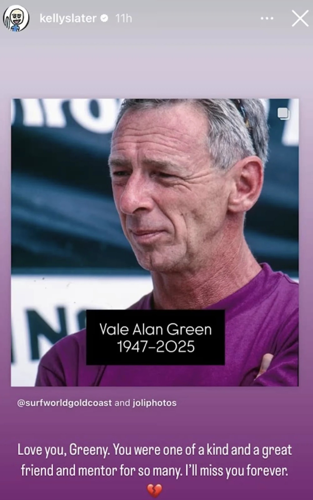 Kelly Slater posta mensagem no Instagram para celebrar memória de Alan Green.