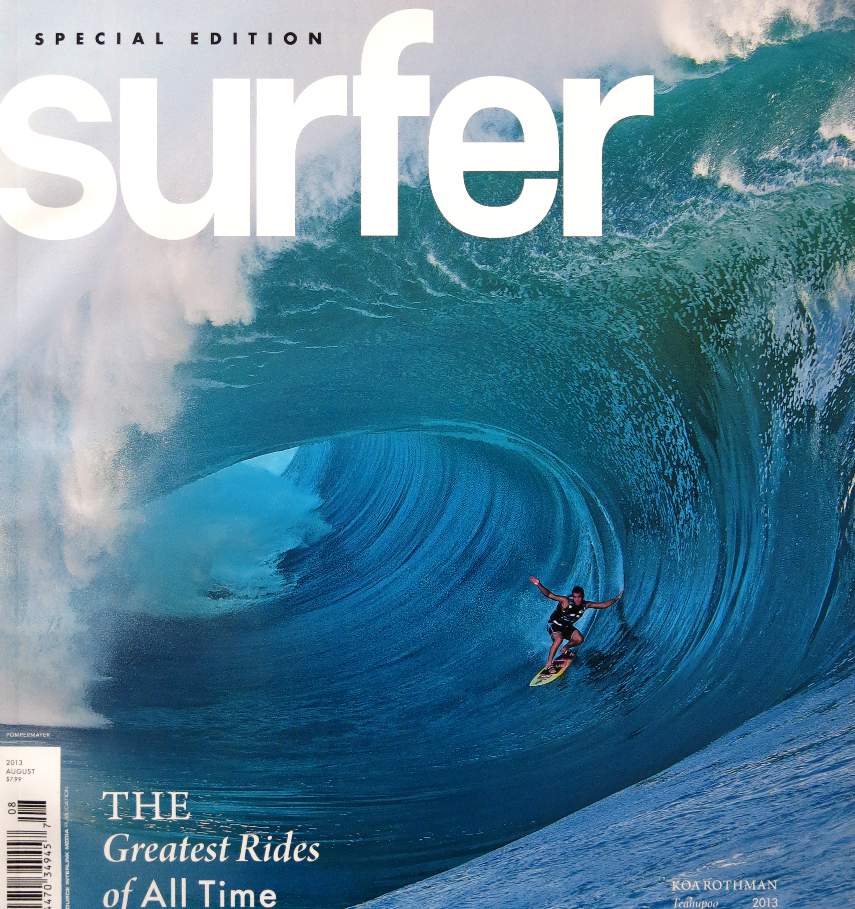 Edição especial da revista Surfer, com foto de Teahupoo, Taiti.