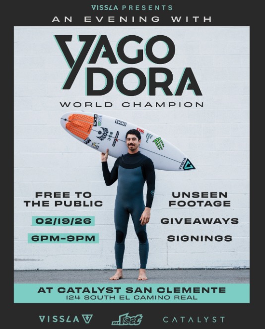 Flyer do evento de Yago Dora promovido pela Vissla na Califórnia.