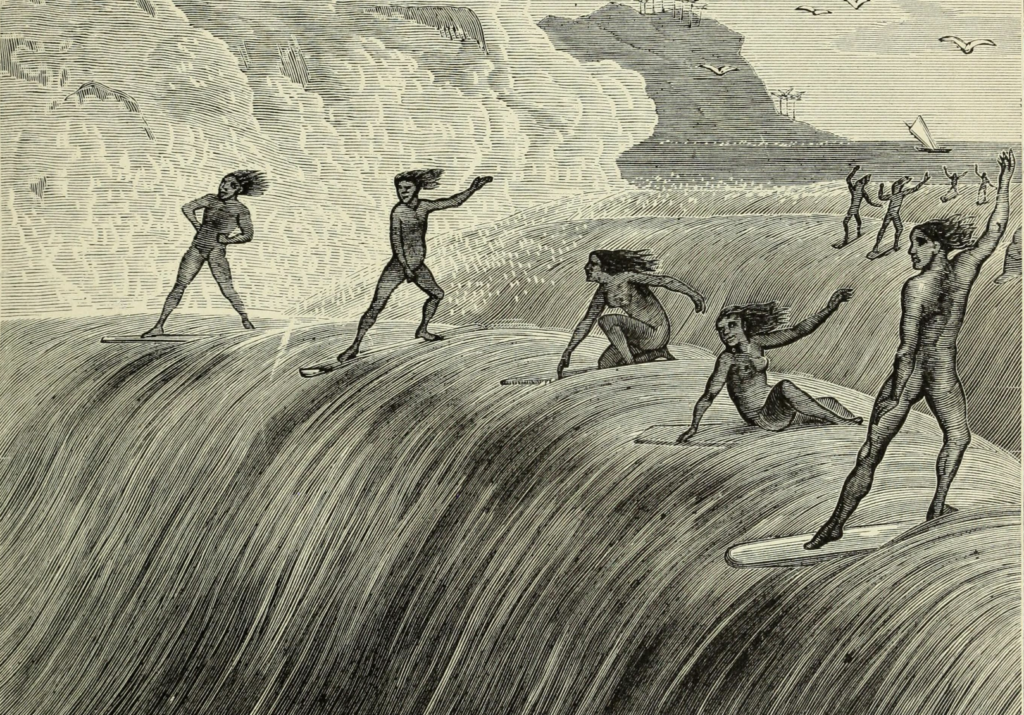 Gravura do século XIX retrata havaianos deslizando sobre as ondas em pé, um dos primeiros registros visuais do surfe tradicional praticado nas ilhas do Pacífico.