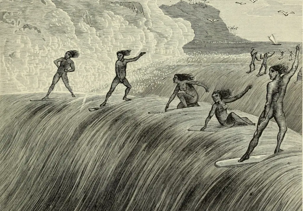 Gravura do século XIX retrata havaianos deslizando sobre as ondas em pé, um dos primeiros registros visuais do surfe tradicional praticado nas ilhas do Pacífico.