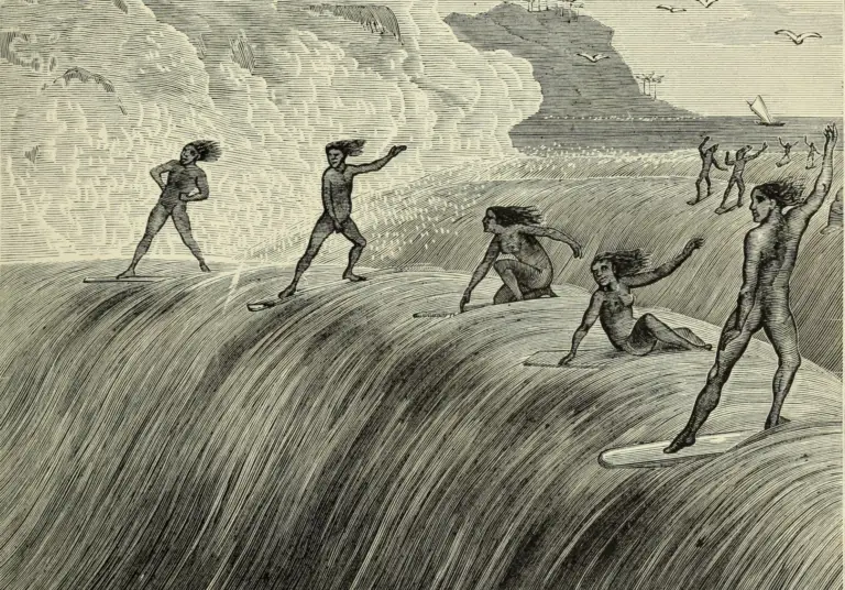 Gravura do século XIX retrata havaianos deslizando sobre as ondas em pé, um dos primeiros registros visuais do surfe tradicional praticado nas ilhas do Pacífico.