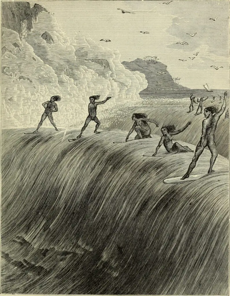 Gravura do século XIX retrata havaianos deslizando sobre as ondas em pé, um dos primeiros registros visuais do surfe tradicional praticado nas ilhas do Pacífico.