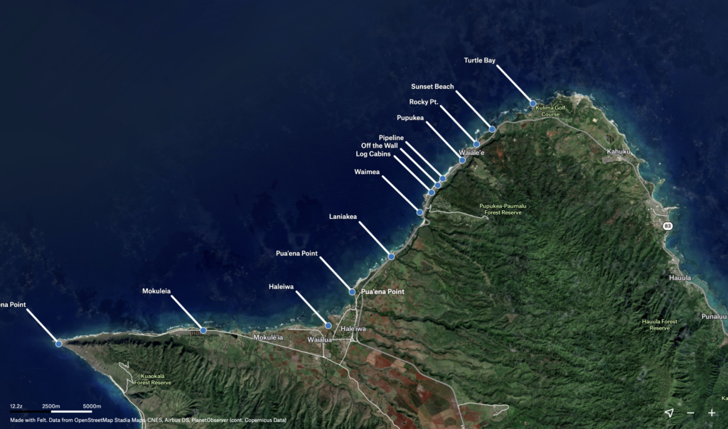 Mapa Seven Mile Miracle, North Shore de Oahu, Havaí.